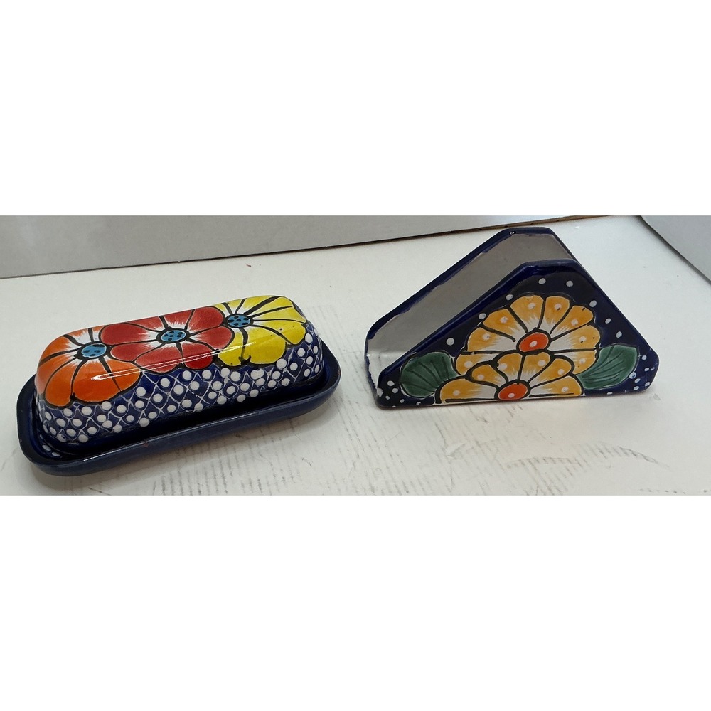 Talavera Ceramic Butter Dish and Napkin Holder Set Hand Painted Floral Blue